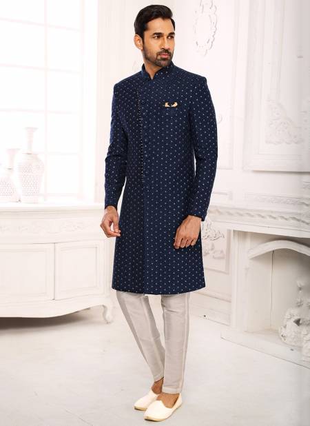 Navy Blue Colour Party Wear Jacquard Nawabi Indo Western Collection 1122
